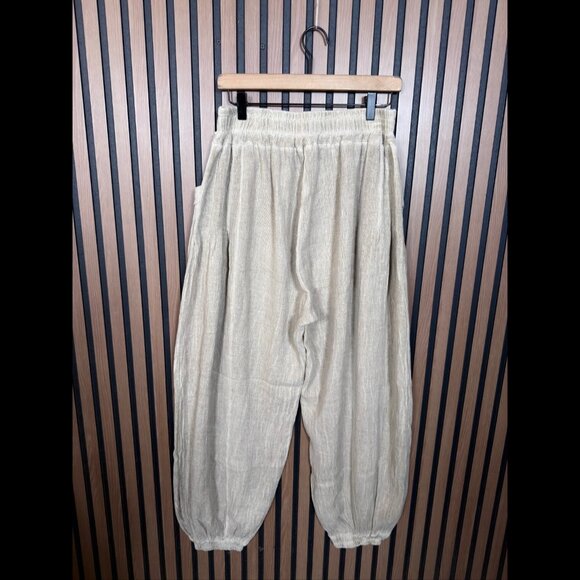 Meo Meli Trousers OS Beige Oatmeal Linen Cotton Paperbag Knit Elastic Waist - Picture 2 of 8